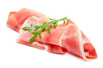 Italian prosciutto crudo or spanish jamon. Raw ham on white background.