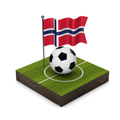 Norway flag football concept. Flag, ball and soccer pitch isometric icon. 3D Rendering