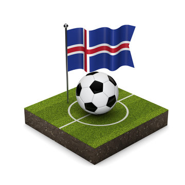 Iceland flag football concept. Flag, ball and soccer pitch isometric icon. 3D Rendering