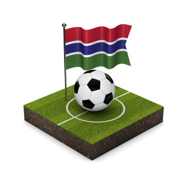Gambia flag football concept. Flag, ball and soccer pitch isometric icon. 3D Rendering