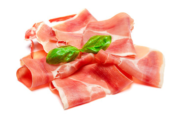 Italian prosciutto crudo or spanish jamon. Raw ham on white background.