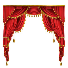 Vector realistic luxury red curtains in victorian style, with drapery, tied with golden cord with tassels isolated on background. Decorative silk cloth with folds for cinema, theater, concert posters