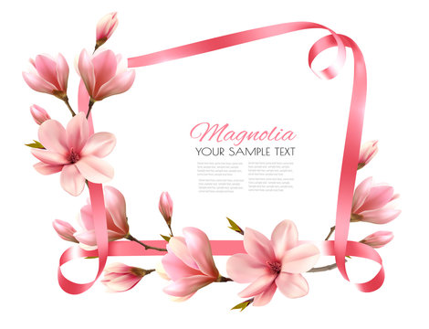Beautiful nature background with blossom branch of magnolia and pink