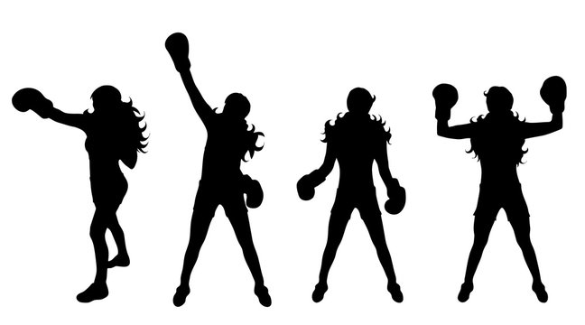 Vector silhouette of woman who boxing on white background.
