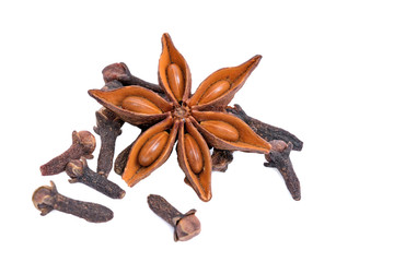 Star anise and cloves on white background
