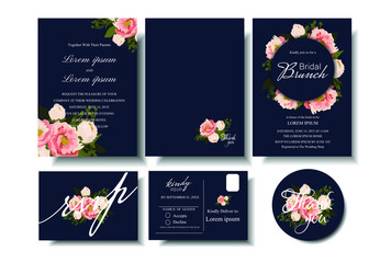 Set of Wedding invitation Card with boomming floral on gray background. Bridle shower card.RSVP.Thank you card for your wedding celebration