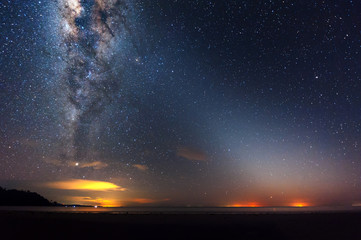 Milky way Galaxy rise above sea with reflection. soft focus noise due to long expose and high iso.