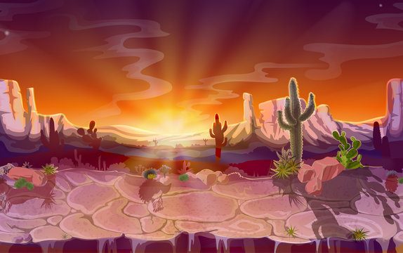 Vector cartoon desert landscape, seamless horizontal game background, panorama with nature, mountains, cactus, rocks, sunset sky, canyon with dry ground. Wild west, prairie scene illustration