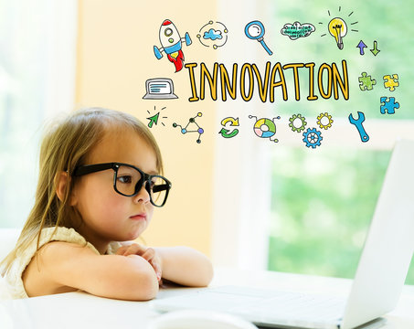 Innovation text with little girl using her laptop