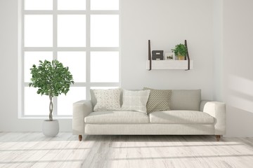 Idea of white minimalist room with sofa. Scandinavian interior design. 3D illustration