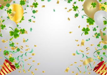 Gold balloons and confetti party background and golden beads on white background. Space for text. St.Patrick's day holiday symbol.