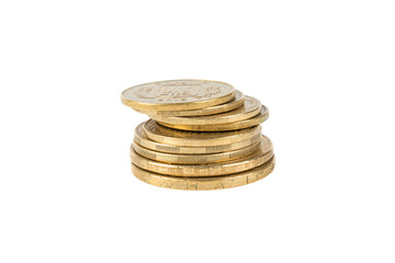 coin pile, yellow metal isolated on white background