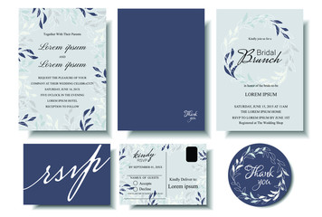 Set of Wedding Invitation Card with minimalist leaf . Bridle shower card.Response card . RSVP .Thank you sticker