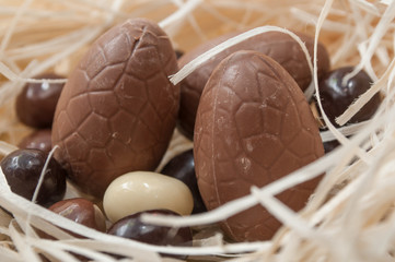 closeup of easter chocolate eggs in a nest