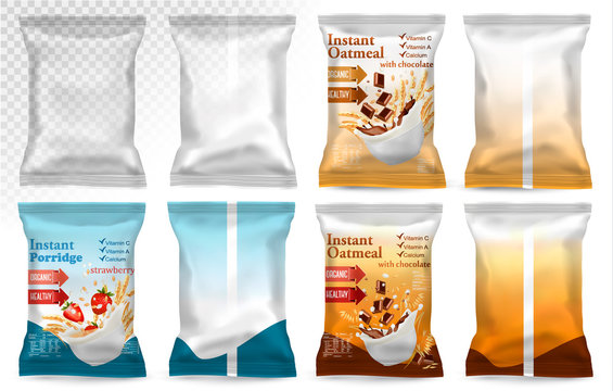 Polypropylene plastic packaging - instant porridge advert concept. Desing template. Vector illustration