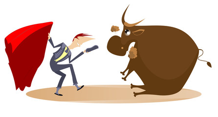 Cartoon bullfighter and tired bull illustration. Cartoon bullfighter takes off his hat and teases the tired bull isolated on white illustration

