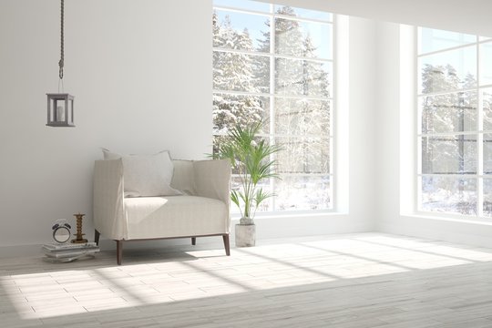 White room with armchair and winter landscape in window. Scandinavian interior design. 3D illustration