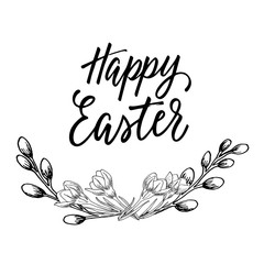 Happy Easter! Easter design simple drawing of wreath and eggs and hand written calligraphy.