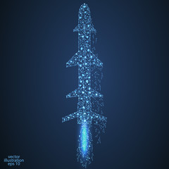 Abstract image of a rocket consisting of lines, dots, triangles, star network. Vector illustration EPS 10.
