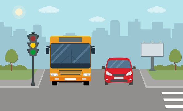 Red car and bus stopped at a traffic light. Modern vector illustration of urban landscape.
