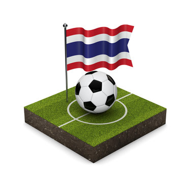 Thailand flag football concept. Flag, ball and soccer pitch isometric icon. 3D Rendering