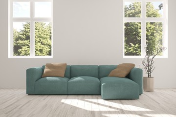 Idea of white room with sofa and summer landscape in window. Scandinavian interior design. 3D illustration