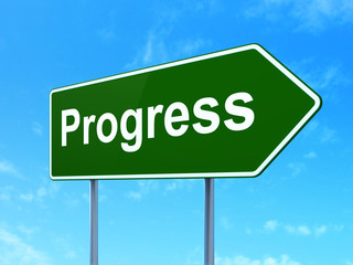 Business concept: Progress on green road highway sign, clear blue sky background, 3D rendering