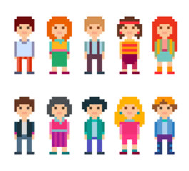 Obraz na płótnie Canvas Colourful set of pixel art style characters. Men and women standing on white background. Vector illustration.