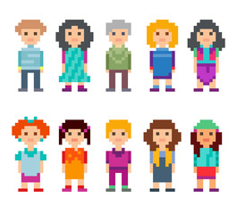 Obraz na płótnie Canvas Different pixel 8-bit characters. Men and women standing on white background. Vector illustration.