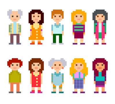 Pixel art style cartoon characters. Men and women standing on white background. Vector illustration.