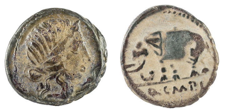 Roman Republic Coin. Ancient Roman silver denarius of the family Caecilia.