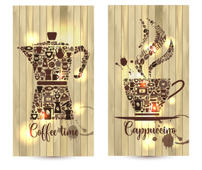 Vector illustration on wood background of coffee related shapes with coffee icons.