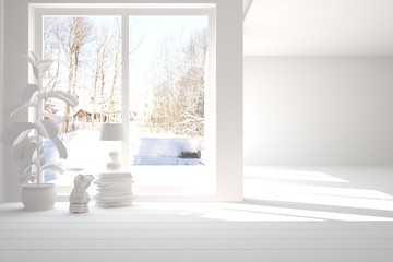 White empty room with winter landscape in window. Scandinavian interior design. 3D illustration