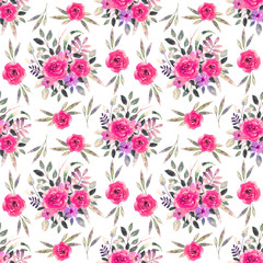 Seamless pattern with watercolor flowers, leaves