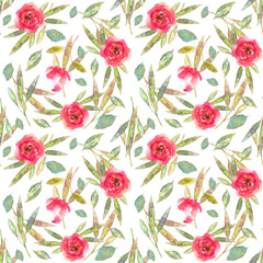 Seamless pattern with watercolor flowers, leaves