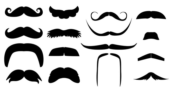 Vector vintage set of variants fake mustache. Photo props booth for little man party ( dad day, birthday, baby boy shower) Black silhouette isolated on white background. Illustration for laser cutting