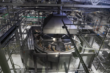 Brewery production line, steel tanks or vats for beer fermentation and manufacturing, pipelines and...