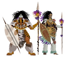 african hunters with spear and shield - obrazy, fototapety, plakaty
