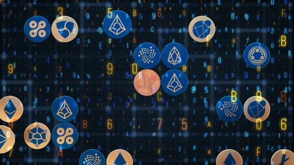 Financial markets in the present in a new future. 3d Abstract animation of bitcoin currency sign in digital cyberspace. Altcoin blockchain crypto currency digital encryption network for world money. - Powered by Adobe