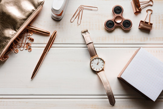 various rose gold stationery tabletop