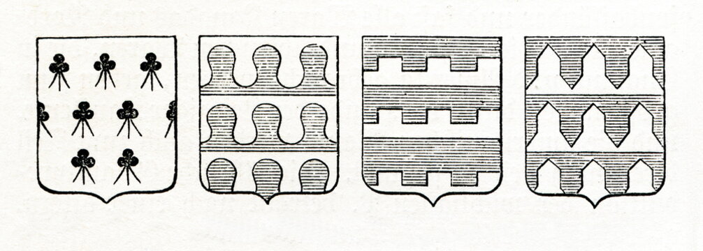 Tinctures in heraldry (from left) - ermine, clouds, merlons and vair (from Meyers Lexikon, 1896, 13/640)