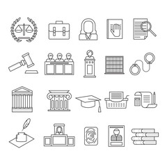 Law and Legal Signs Black Thin Line Icon Set. Vector