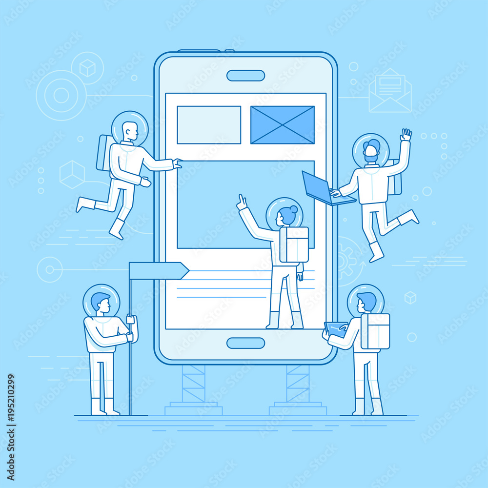 Poster Vector illustration in flat linear style and blue color  - app development concept
