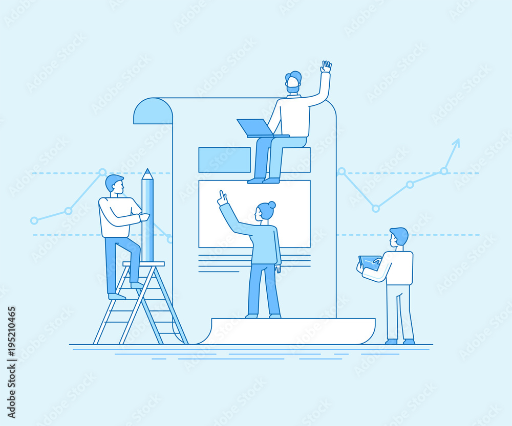 Aufkleber vector illustration in flat linear style and blue color - app development concept