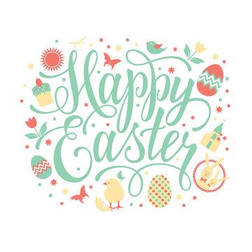 Happy Easter illustration with hand lettering text