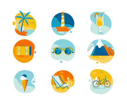 Vector set of illustrations and icons in flat line style
