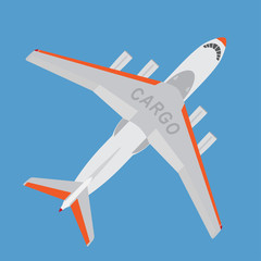 Naklejka na ściany i meble Cargo airplane isolated on blue background. Top view. Vector illustration. 