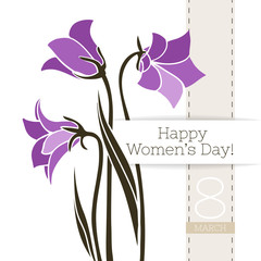 Vector flower greeting banner with harebells and ribbon. International Women's Day. Flat style.