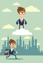 successful businessman on cloud above others . Business Vision Concept.