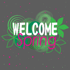 welcome spring banner with typography flowers and colorful dots